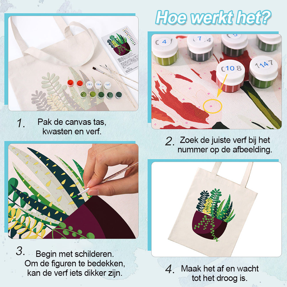 Kleine Groene Kamerplant Canvas Tote Bag Schilderen op Nummers