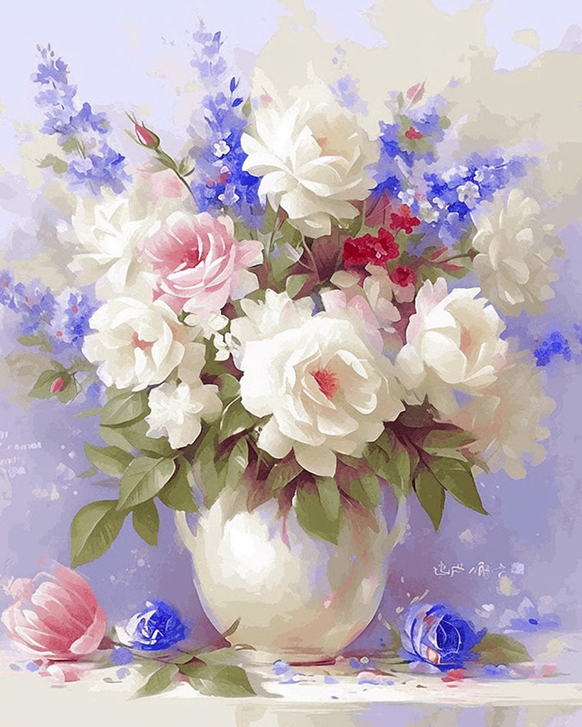 Kleurrijke bloemen in een witte vaas Schilderen op Nummers