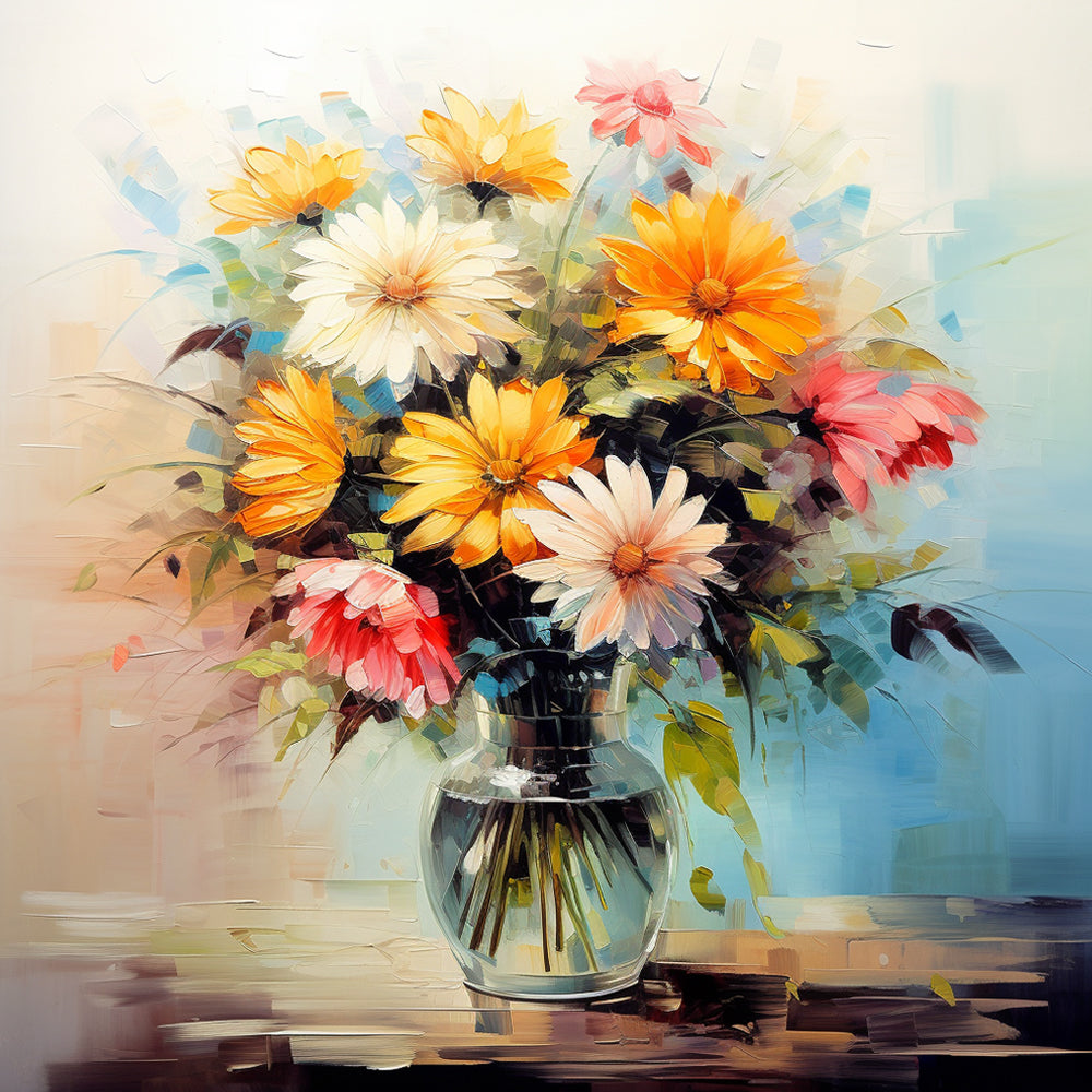 Kleurrijke chrysanten in een glazen vaas Schilderen op Nummers