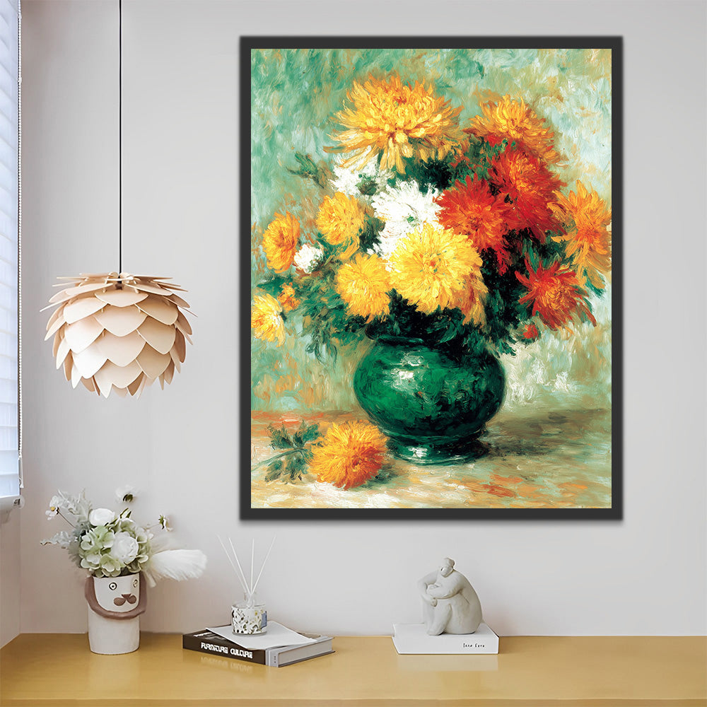 Kleurrijke Chrysanten in Volle Bloei in een Groene Porseleinen Vaas Schilderen op Nummers