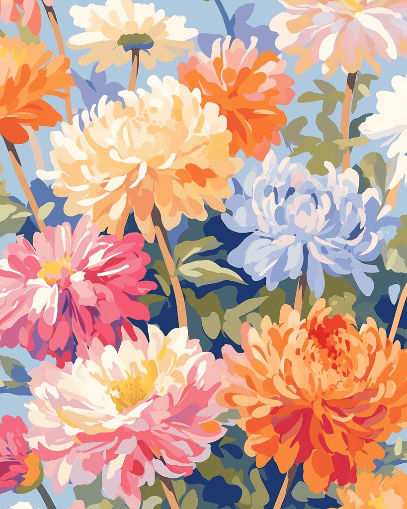 Kleurrijke en Volledig Bloeiende Chrysanten Schilderen op Nummers