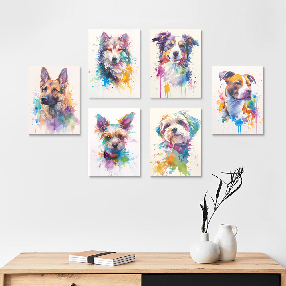 Kleurrijke Honden van Verschillende Rassen 6 Stuks Mini Schilderen op Nummers