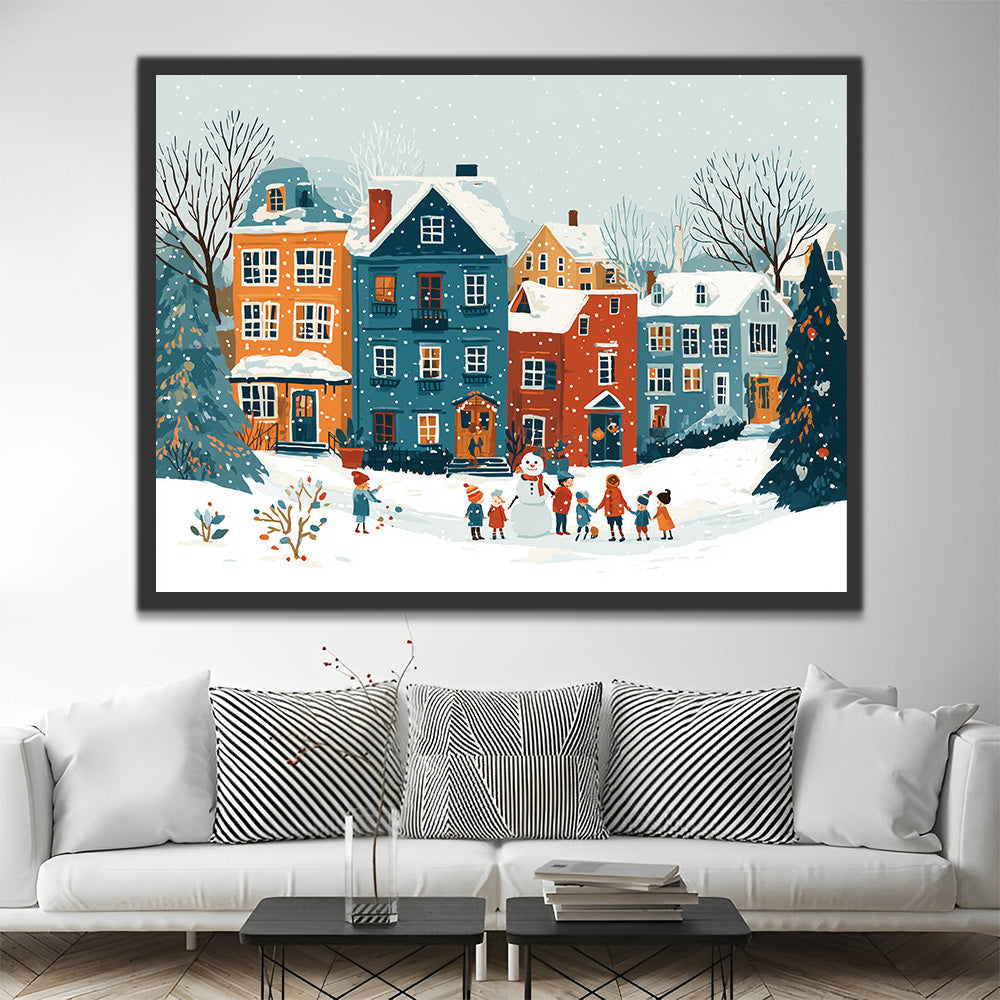 Kleurrijke Huizen in de Sneeuw met Kerst Schilderen op Nummers