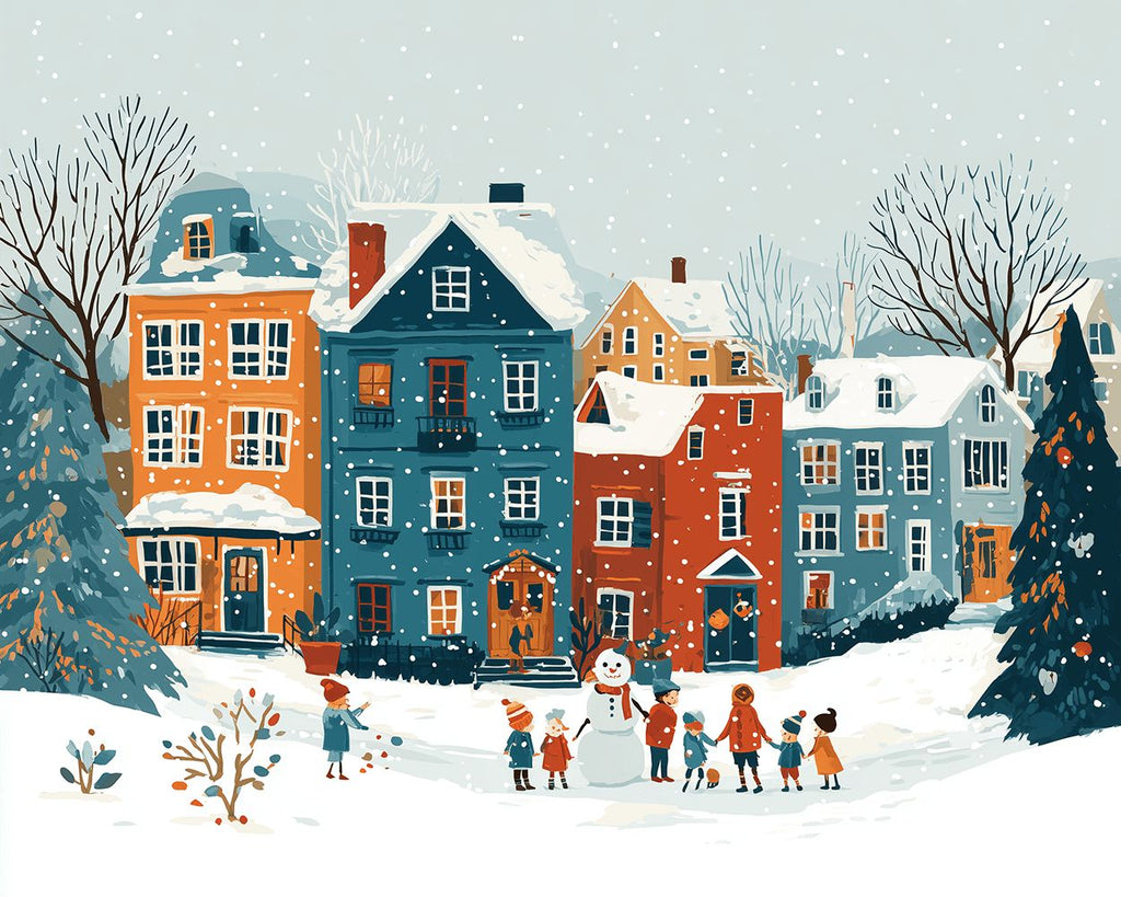 Kleurrijke Huizen in de Sneeuw met Kerst Schilderen op Nummers
