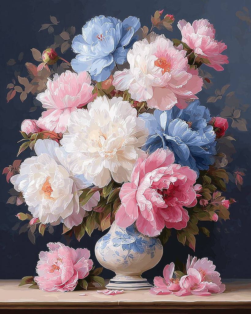 Kleurrijke Pioenen in een blauw-witte Porseleinen Vaas Schilderen op Nummers