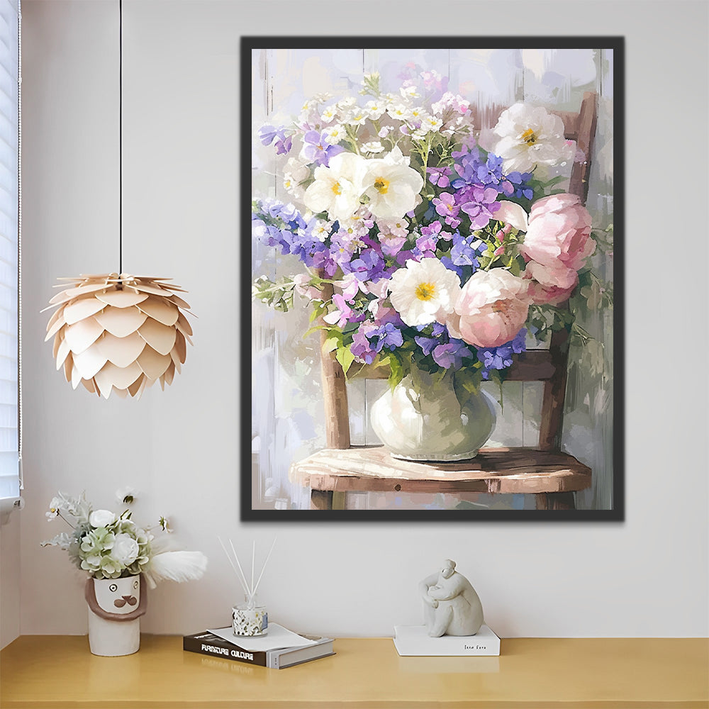 Kleurrijke potbloemen op de houten stoel Schilderen op Nummers