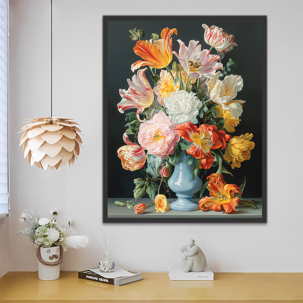 Kleurrijke Tulpen in een Blauwe Porseleinen Vaas Schilderen op Nummers