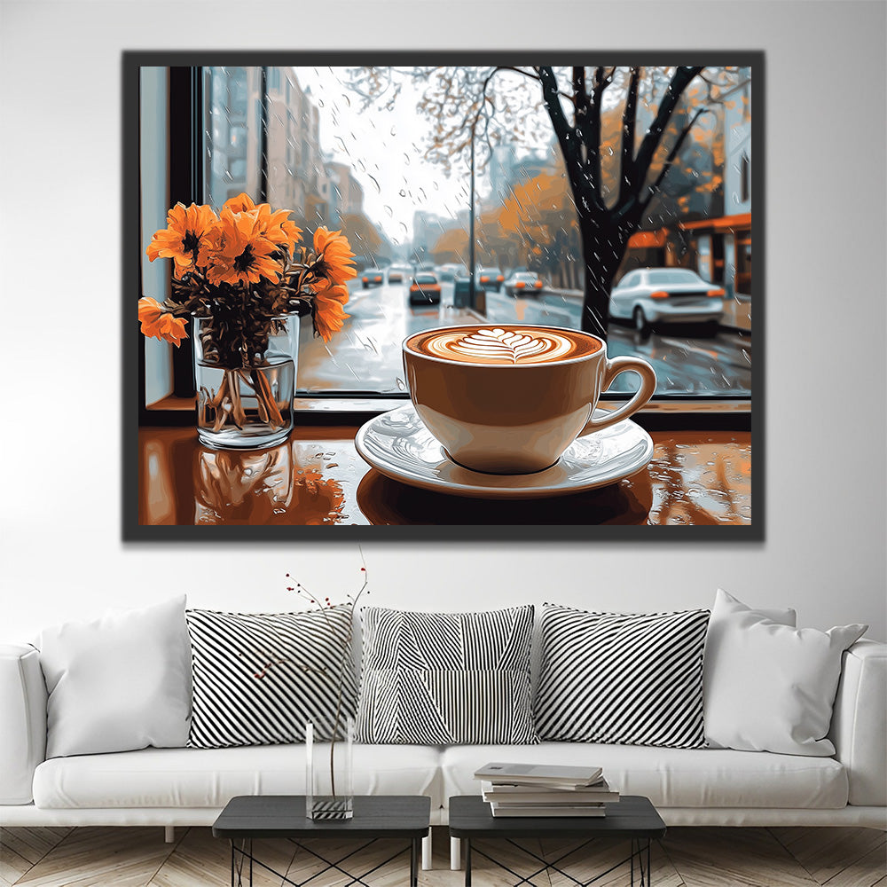 Koffie en Oranje Bloemen op een Regenachtige Dag Schilderen op Nummers