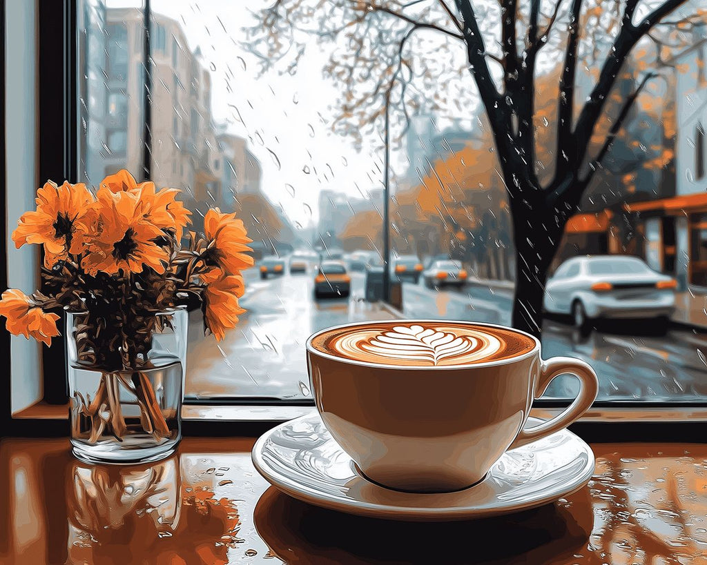Koffie en Oranje Bloemen op een Regenachtige Dag Schilderen op Nummers