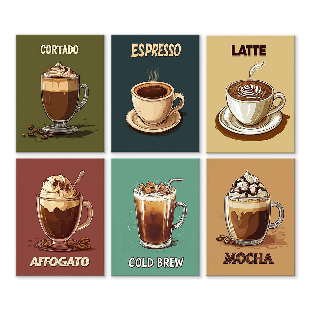 Koffie in Verschillende Smaken 6 Stuks Mini Schilderen op Nummers