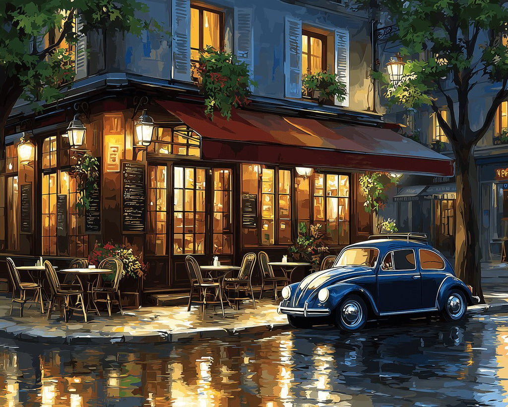 Koffiebar en Auto in de Regen 's Nachts Schilderen op Nummers
