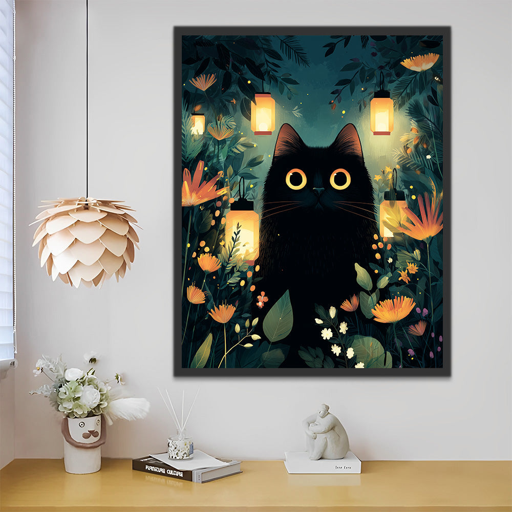 Lampen en Zwarte Kat tussen Bloemen Schilderen op Nummers