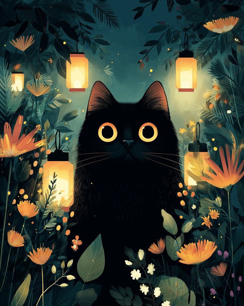 Lampen en Zwarte Kat tussen Bloemen Schilderen op Nummers