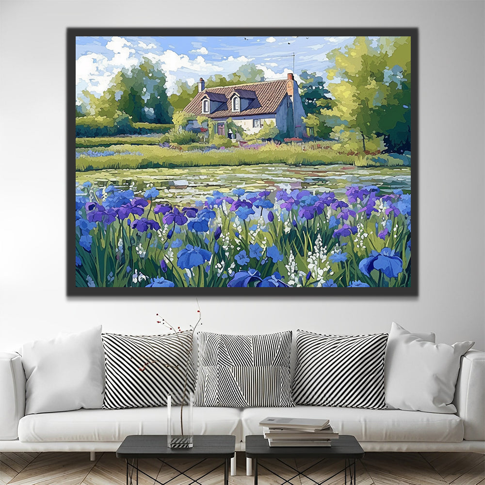 Landhuis en velden met blauwe bloemen Schilderen op Nummers