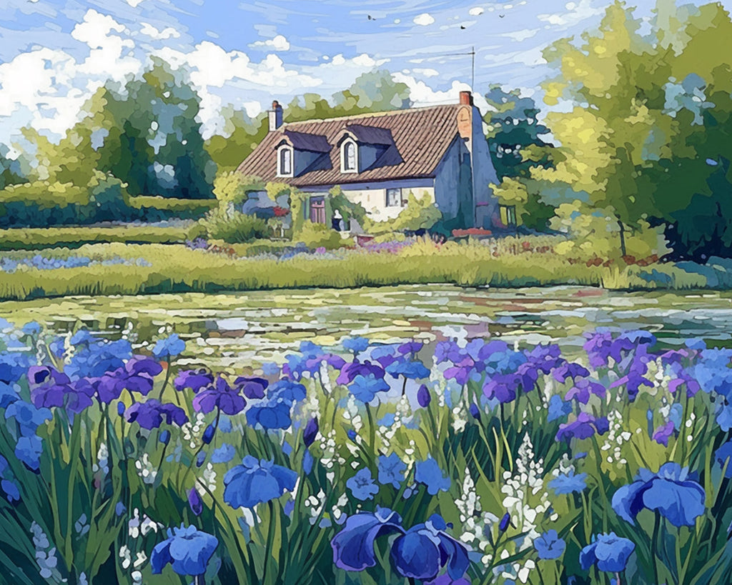 Landhuis en velden met blauwe bloemen Schilderen op Nummers