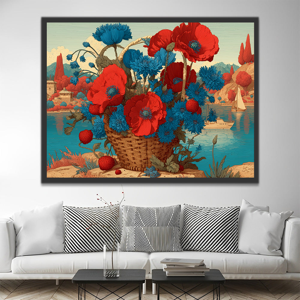 Mand met Blauwe Chrysanten en Rode Klaprozen bij het Meer Schilderen op Nummers