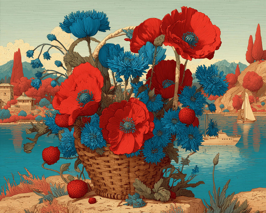 Mand met Blauwe Chrysanten en Rode Klaprozen bij het Meer Schilderen op Nummers