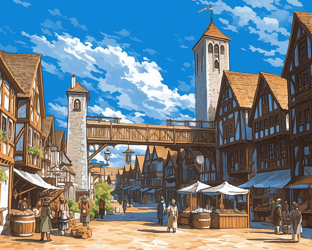 Markt in een Klein Stadje onder de Blauwe Lucht Schilderen op Nummers