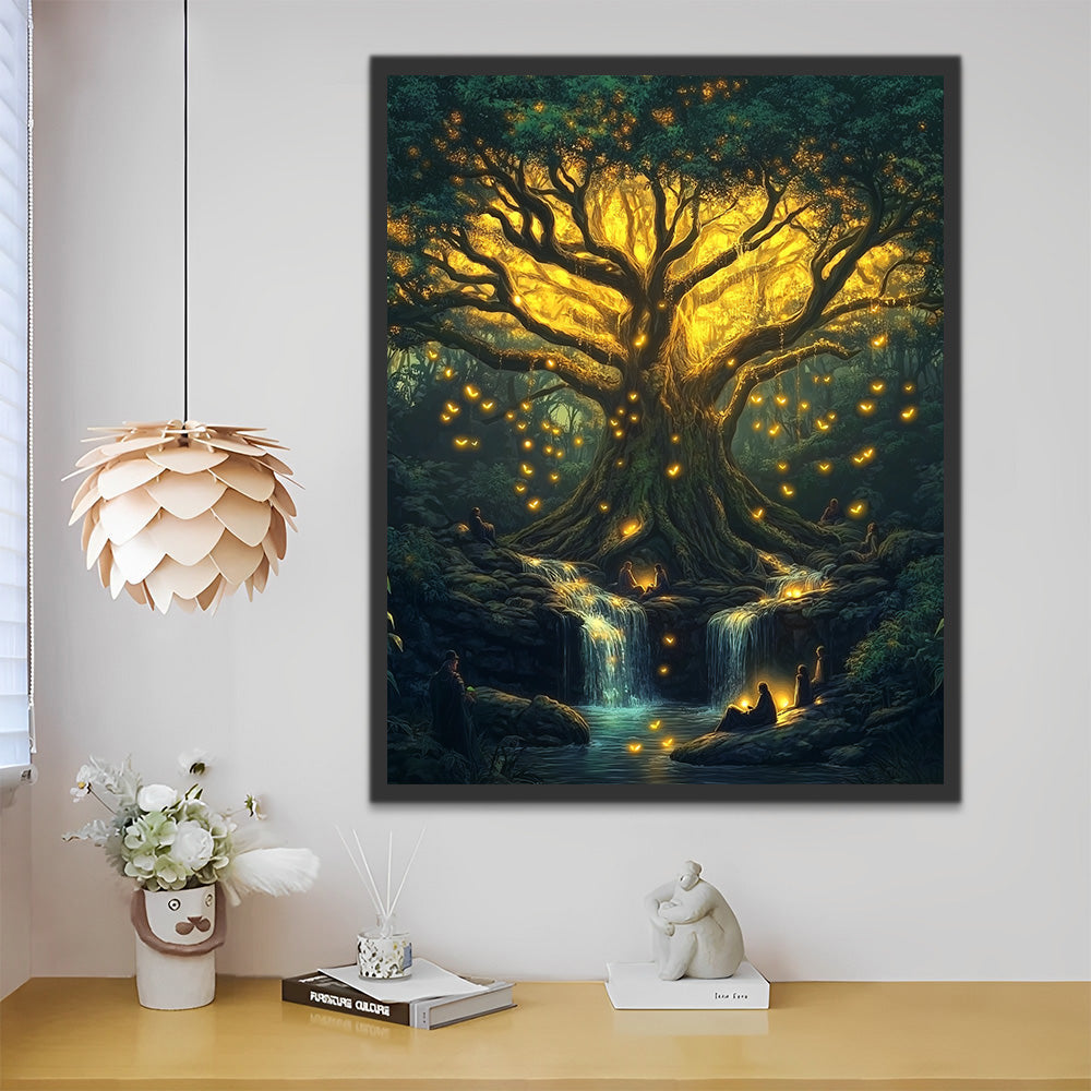 Meditatie onder de Mysterieuze Gouden Lichtboom Schilderen op Nummers