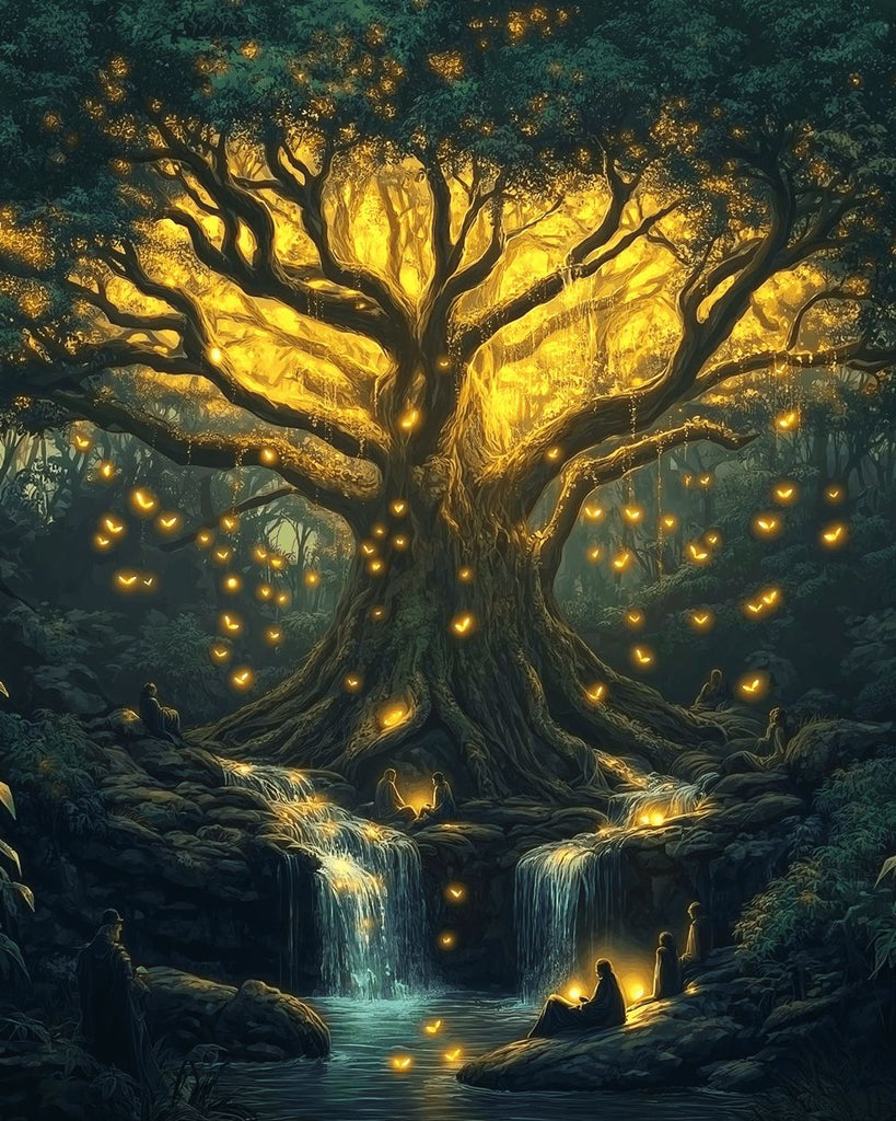 Meditatie onder de Mysterieuze Gouden Lichtboom Schilderen op Nummers