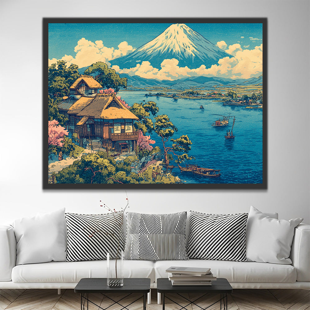 Meer en Huizen onder de Berg Fuji Schilderen op Nummers