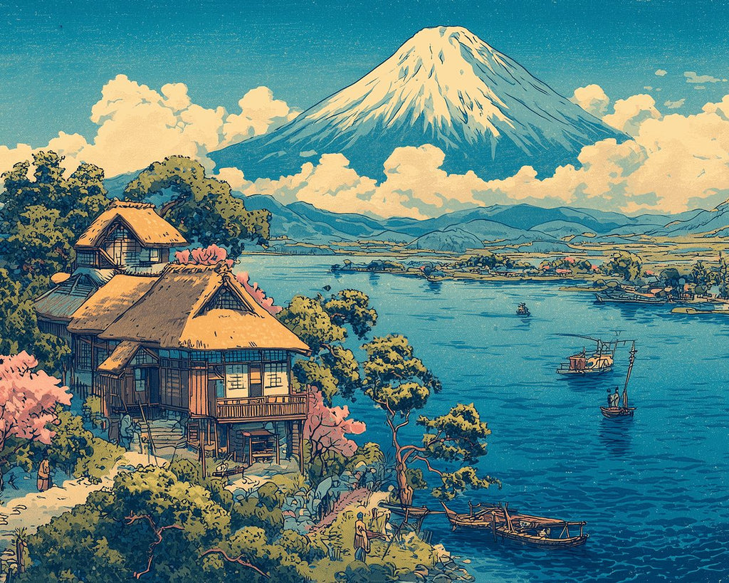 Meer en Huizen onder de Berg Fuji Schilderen op Nummers