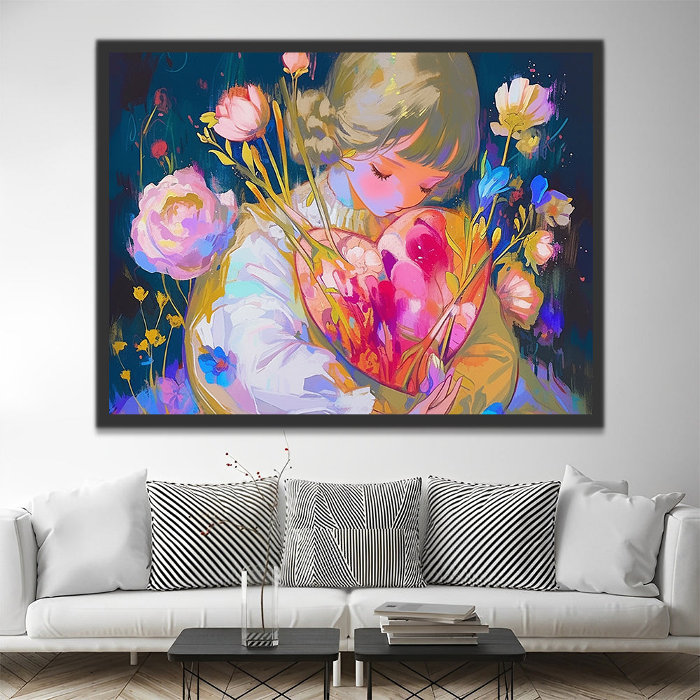 Meisje Houdt Hart en Bloemen Vast Schilderen op Nummers