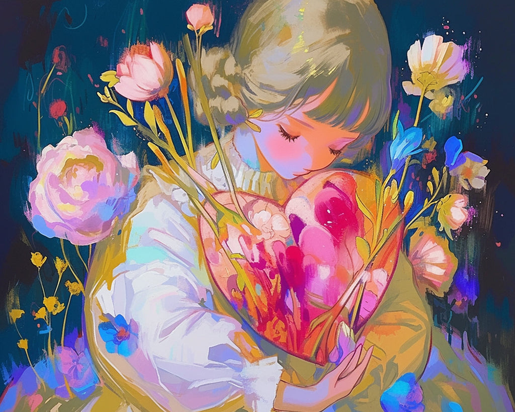 Meisje Houdt Hart en Bloemen Vast Schilderen op Nummers