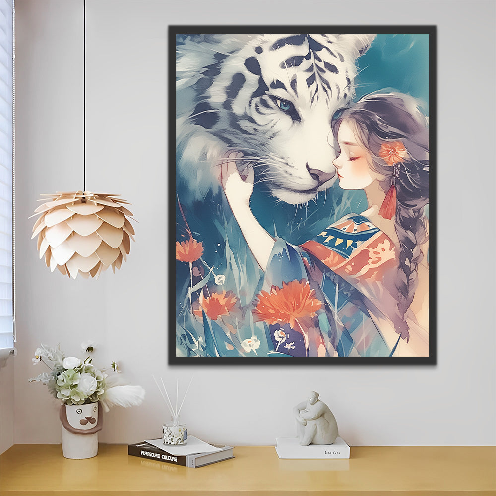 Meisje met Bloem en Witte Tijger Schilderen op Nummers