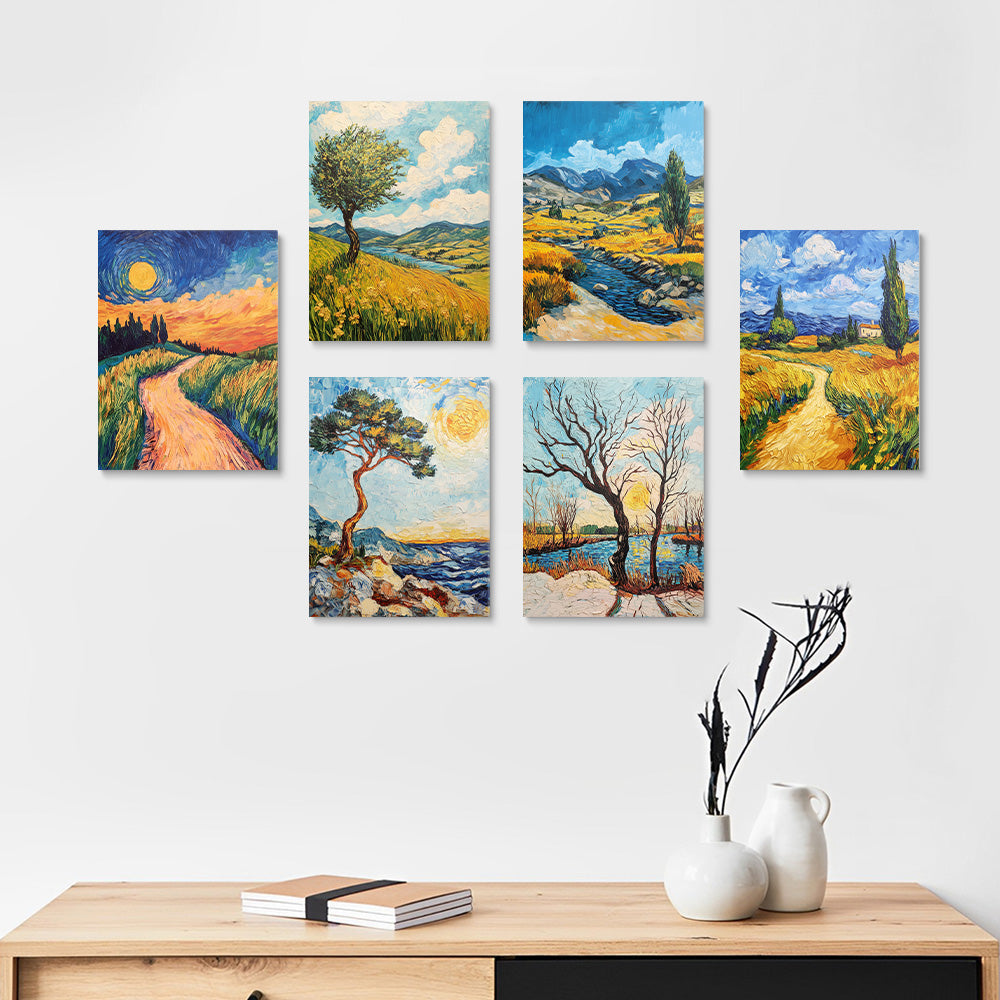 Natuurlandschap in Van Gogh-stijl 6 Stuks Mini Schilderen op Nummers