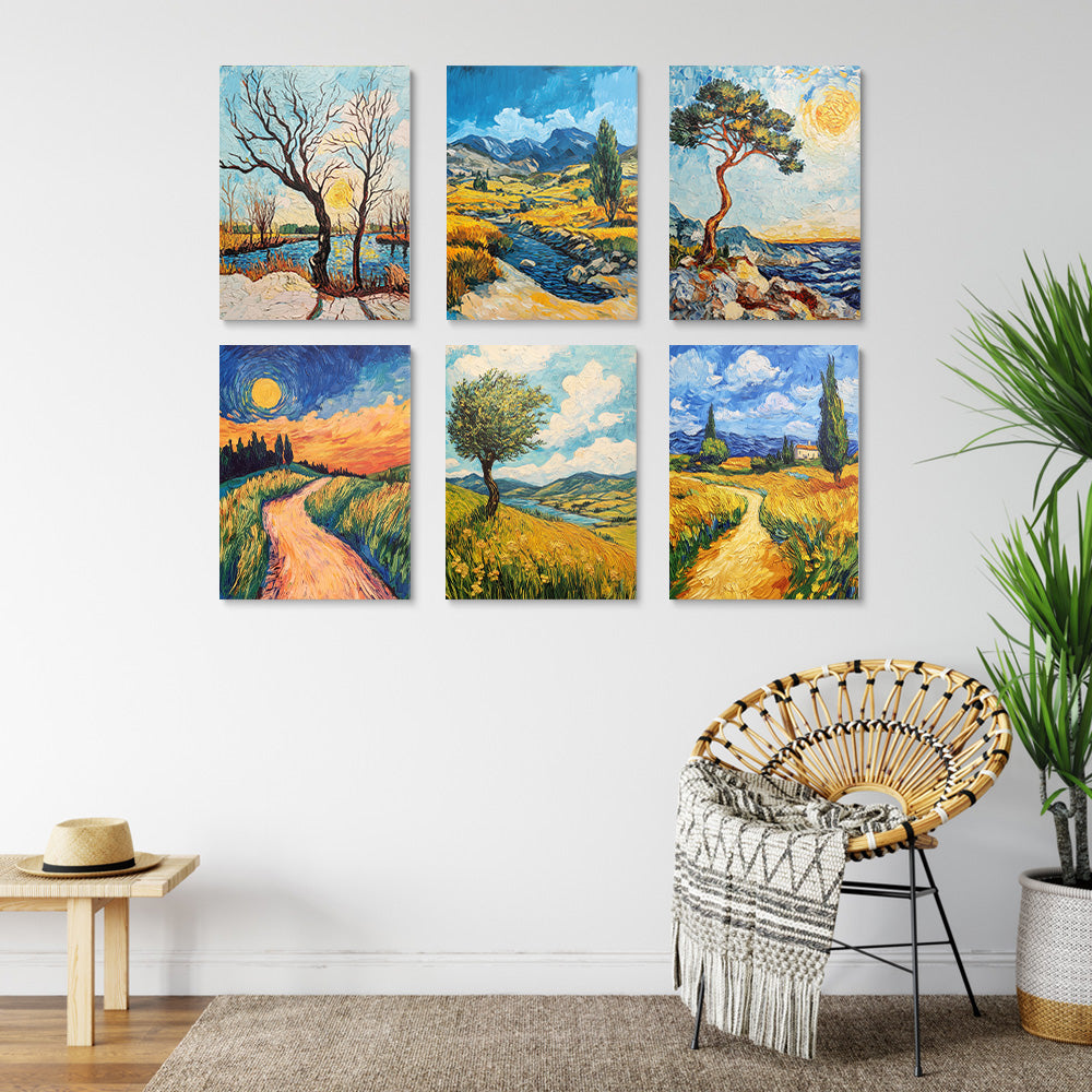 Natuurlandschap in Van Gogh-stijl 6 Stuks Mini Schilderen op Nummers
