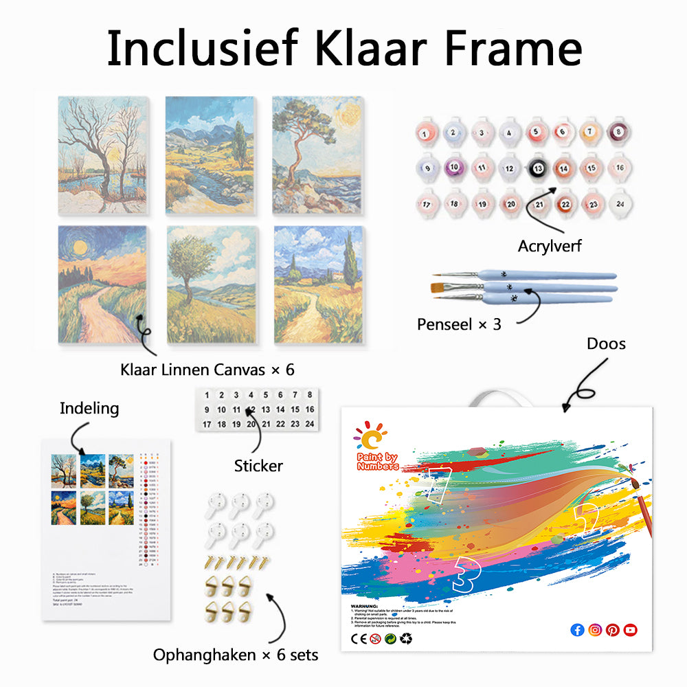 Natuurlandschap in Van Gogh-stijl 6 Stuks Mini Schilderen op Nummers