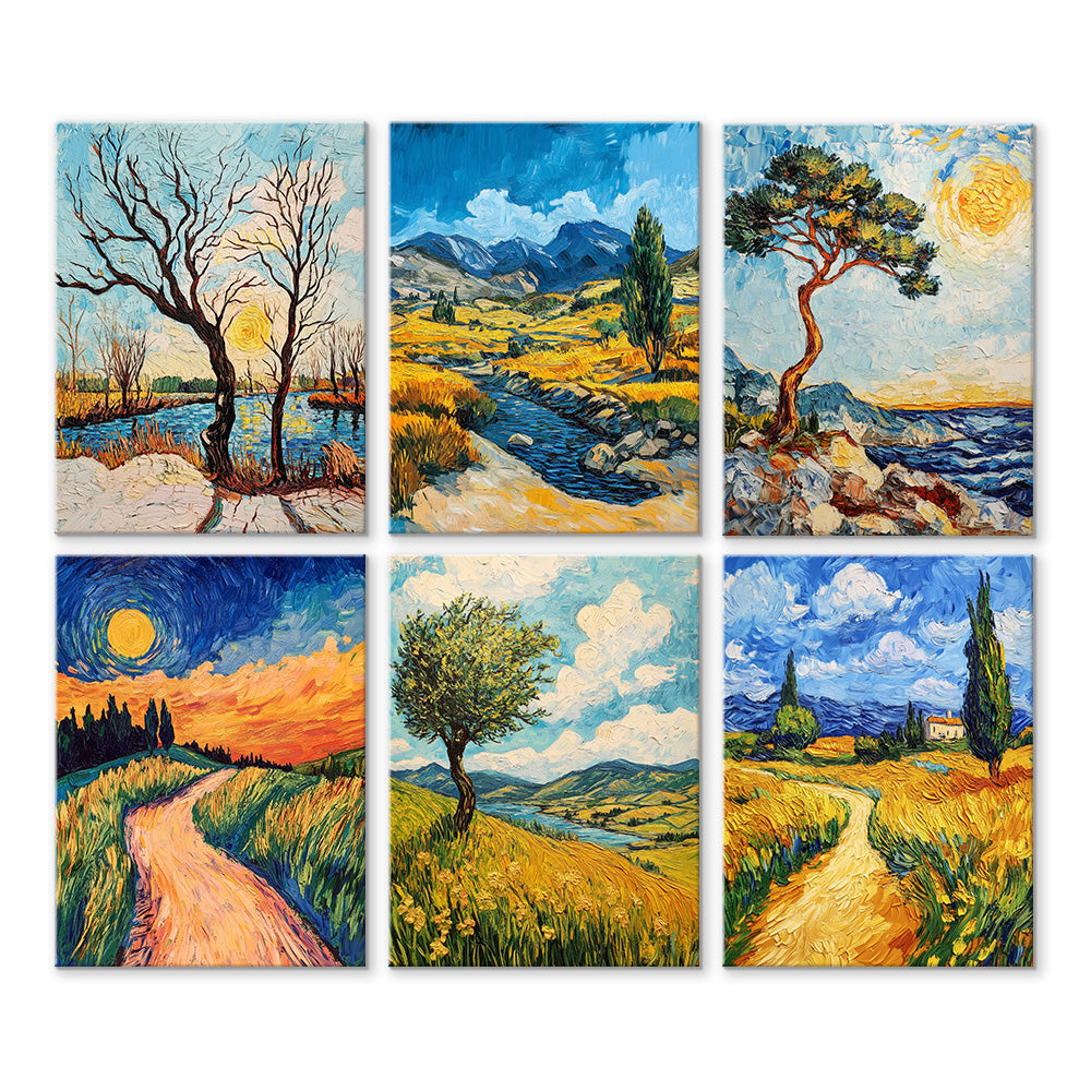 Natuurlandschap in Van Gogh-stijl 6 Stuks Mini Schilderen op Nummers