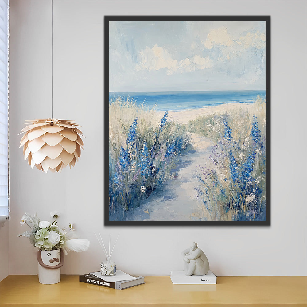 Olieverfstijl Kleine Blauwe en Witte Bloemen op het Strand Schilderen op Nummers