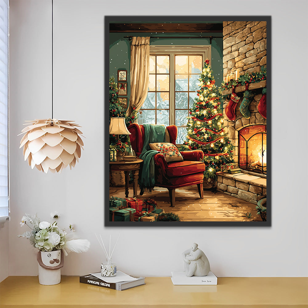 Open haard naast de kerstboom Schilderen op Nummers