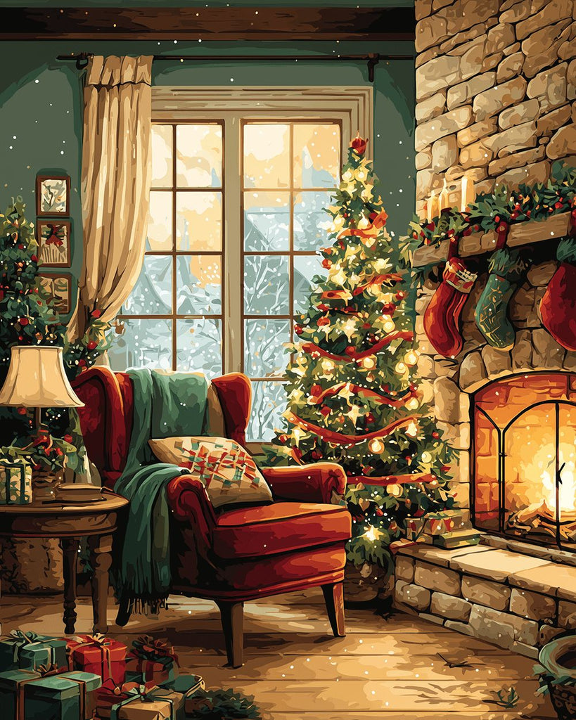 Open haard naast de kerstboom Schilderen op Nummers