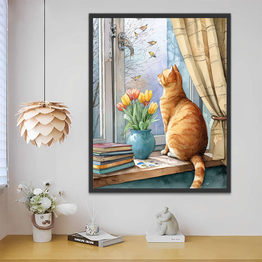 Oranje Kat en Tulpen op de Vensterbank Schilderen op Nummers
