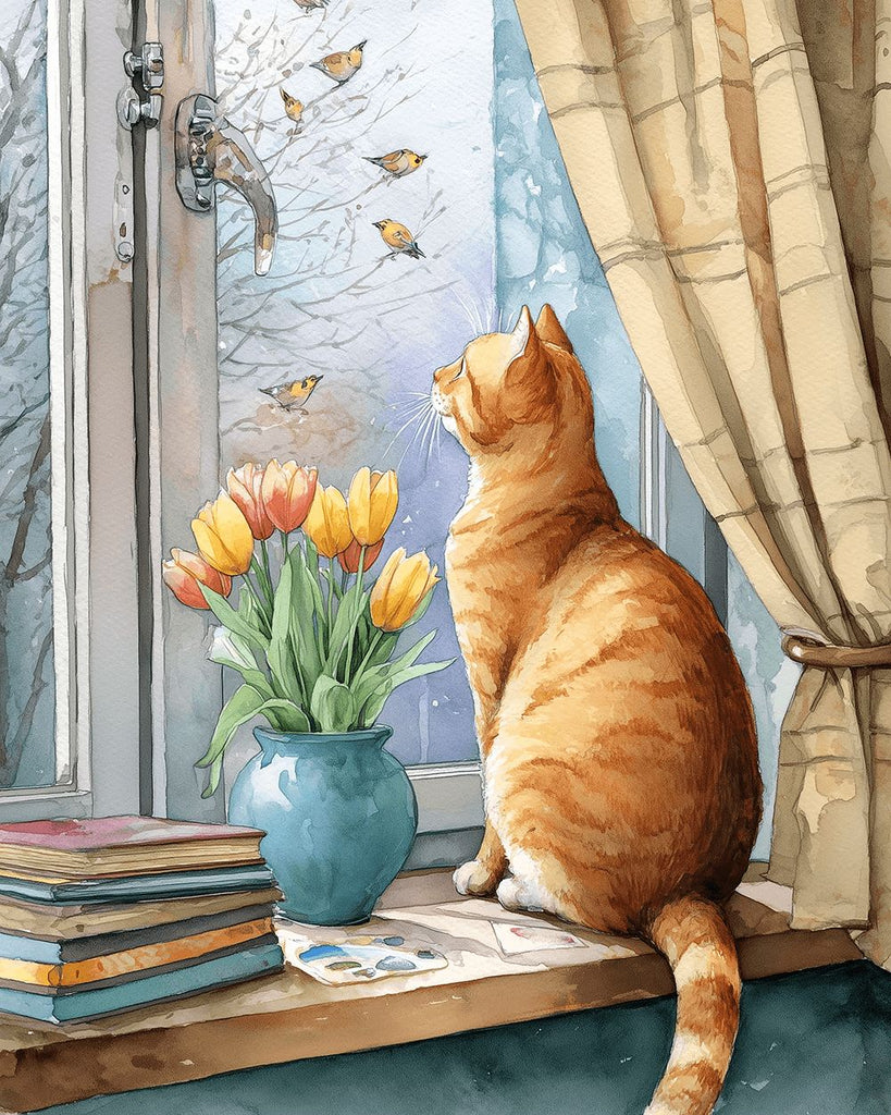 Oranje Kat en Tulpen op de Vensterbank Schilderen op Nummers