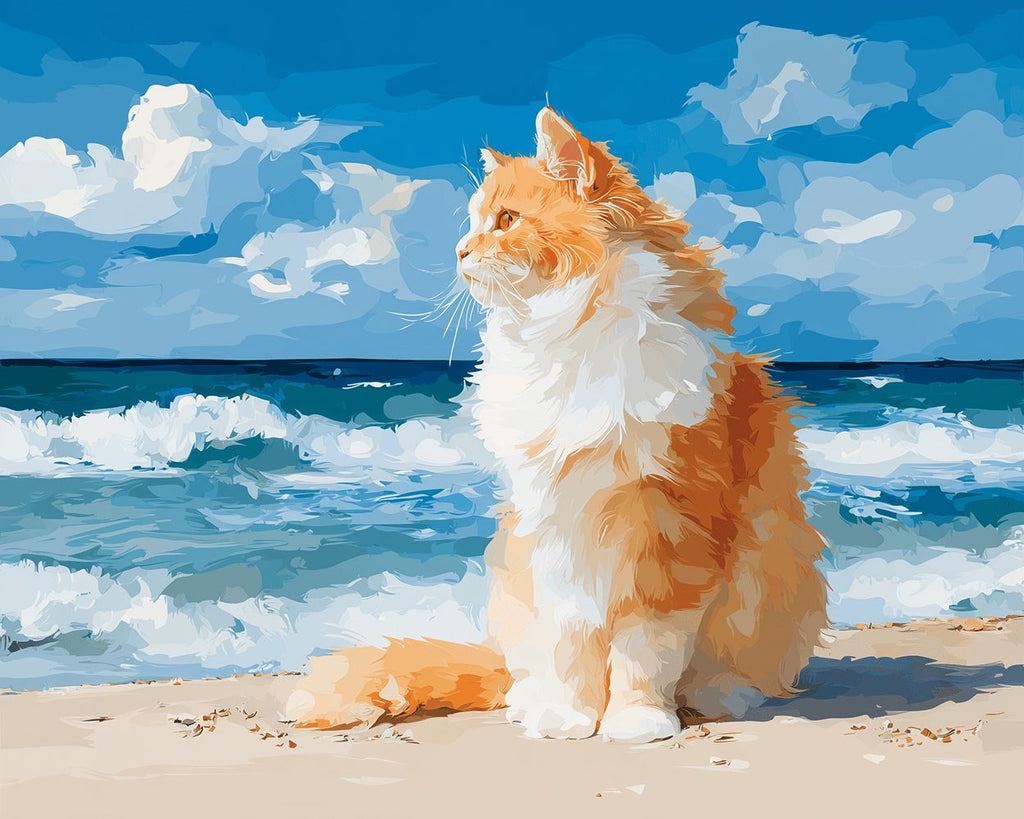 Oranje Kat Zittend op het Strand bij de Zee Schilderen op Nummers