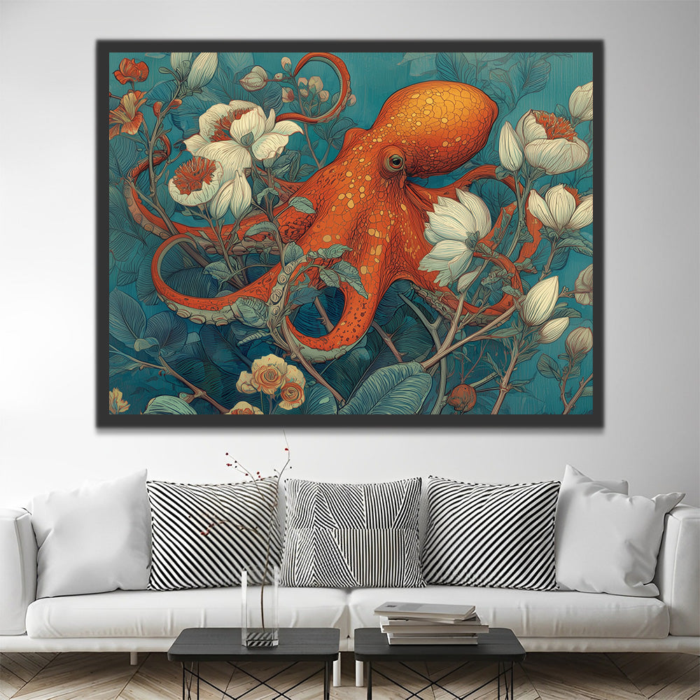 Oranje Octopus Verstrengeld met Witte Bloemenranken Schilderen op Nummers