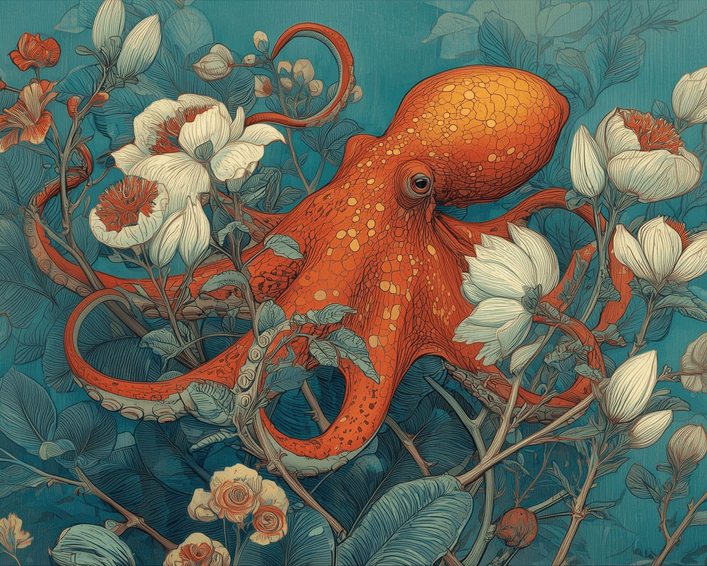 Oranje Octopus Verstrengeld met Witte Bloemenranken Schilderen op Nummers