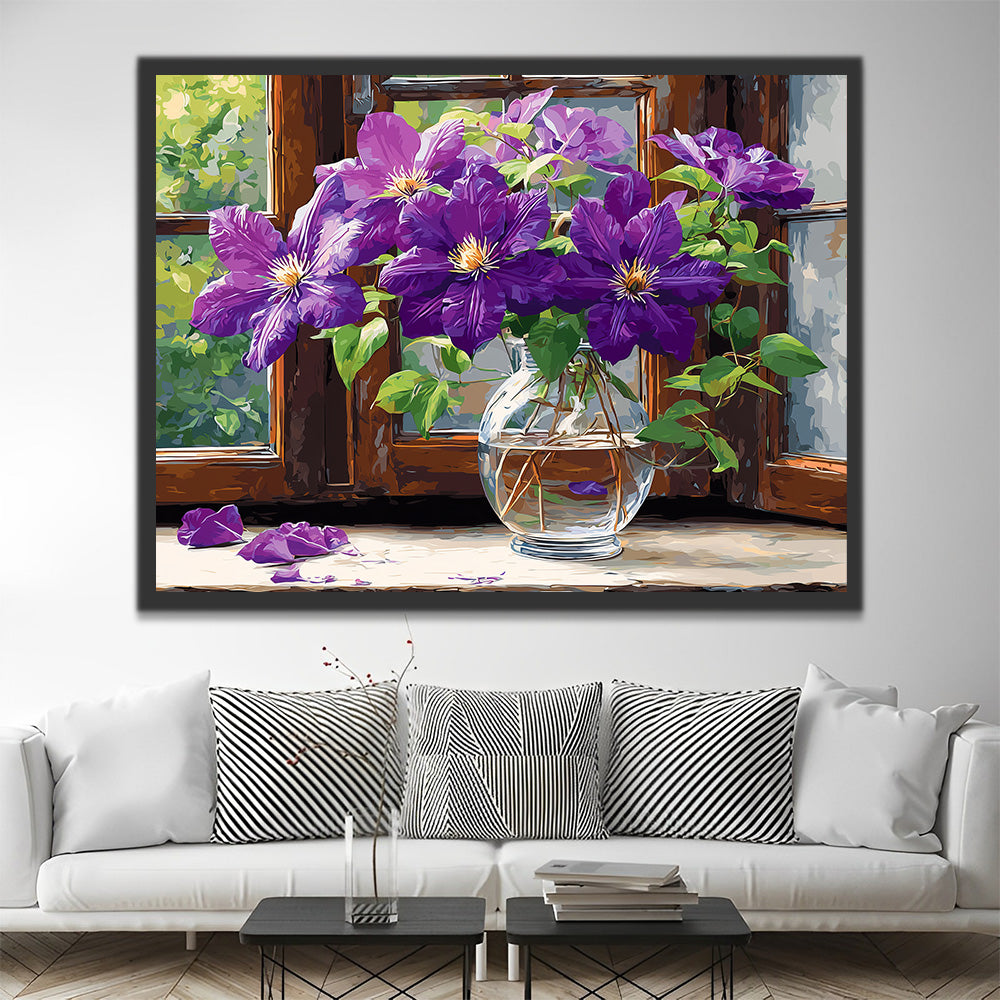 Paarse Clematis op de Vensterbank Schilderen op Nummers