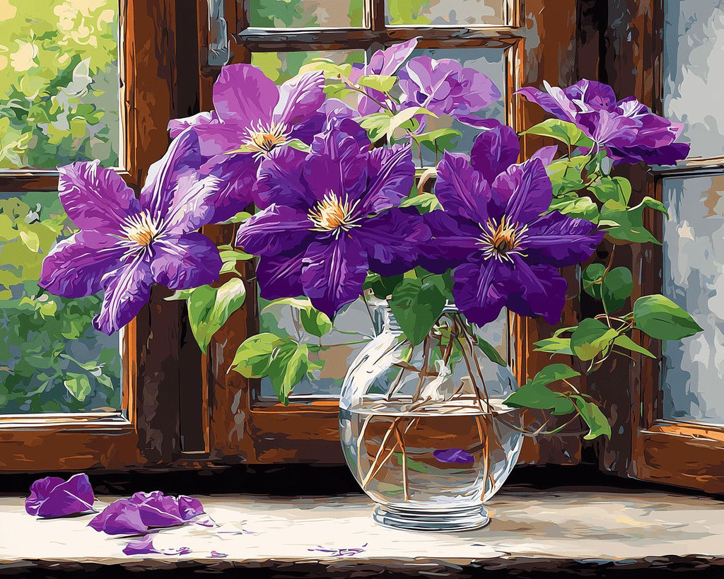 Paarse Clematis op de Vensterbank Schilderen op Nummers