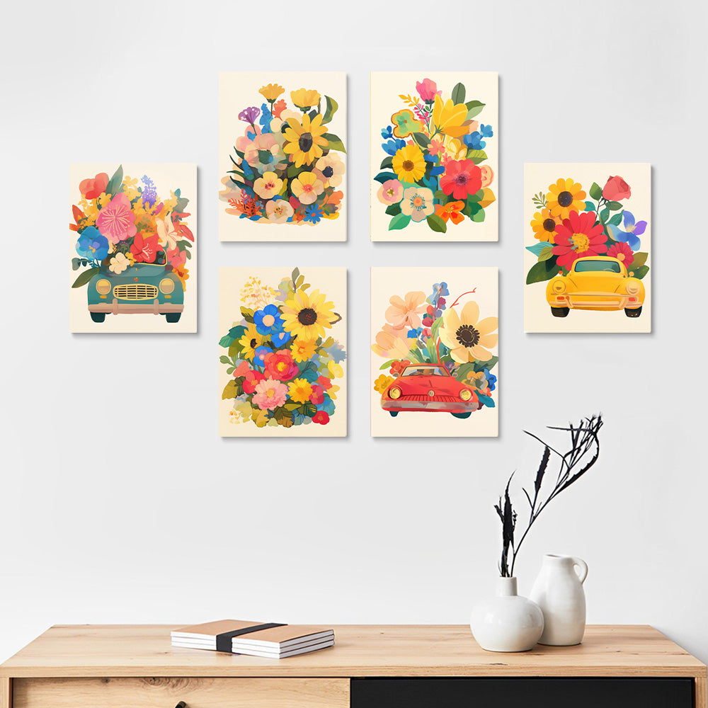 Prachtige Bloemen in Auto’s 6 Stuks Mini Schilderen op Nummers