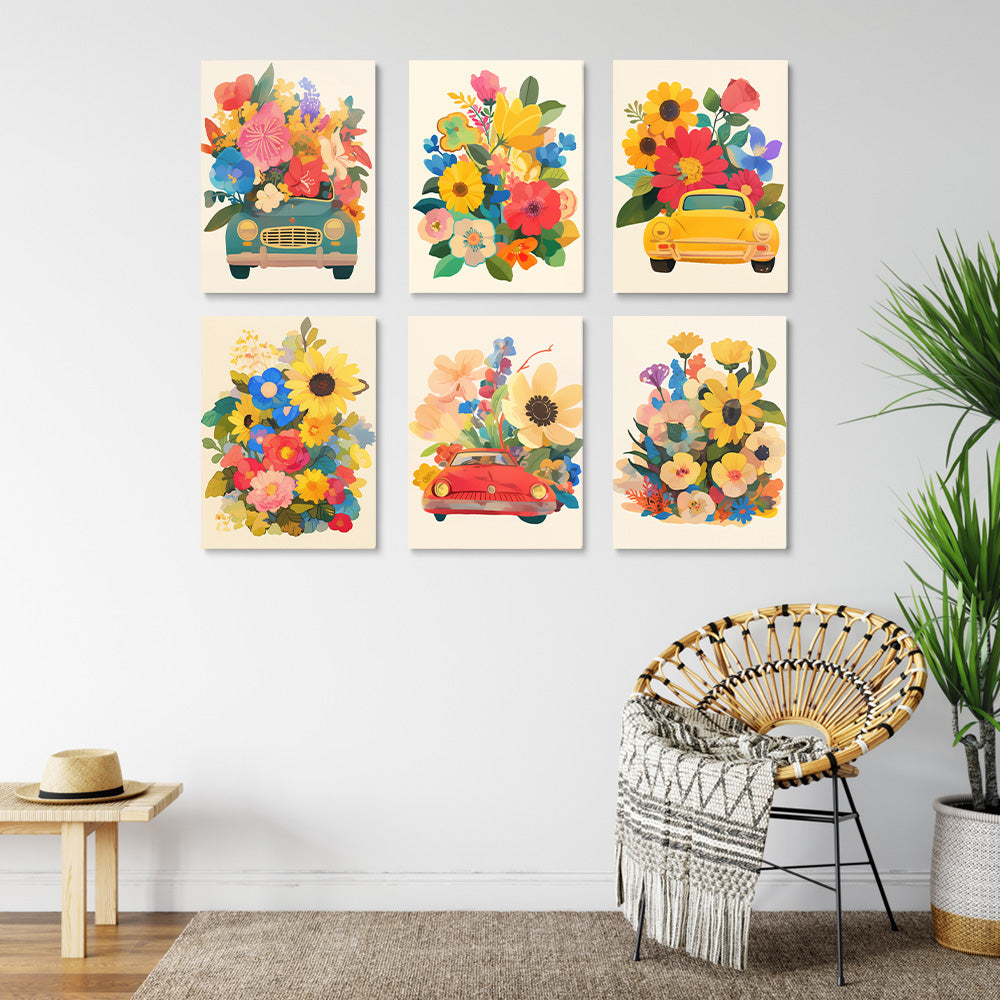 Prachtige Bloemen in Auto’s 6 Stuks Mini Schilderen op Nummers