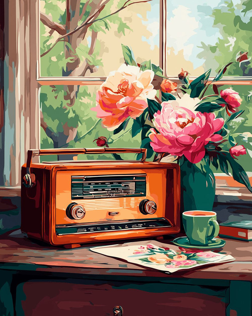 Radio en Pioenen op de Vensterbank Schilderen op Nummers