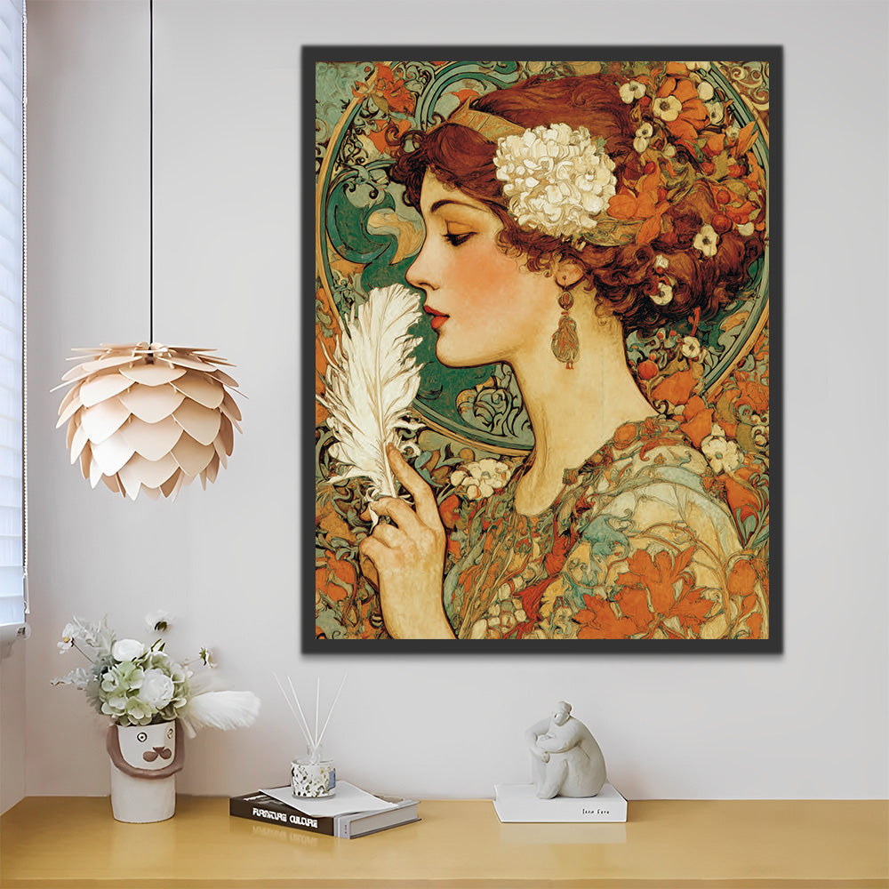 Retro Dame met Witte veer Schilderen op Nummers