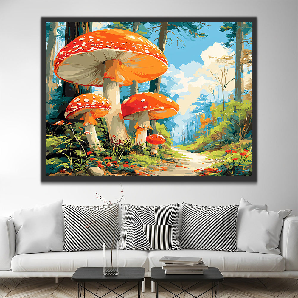 Reusachtige Paddenstoelen naast een Bospad Schilderen op Nummers