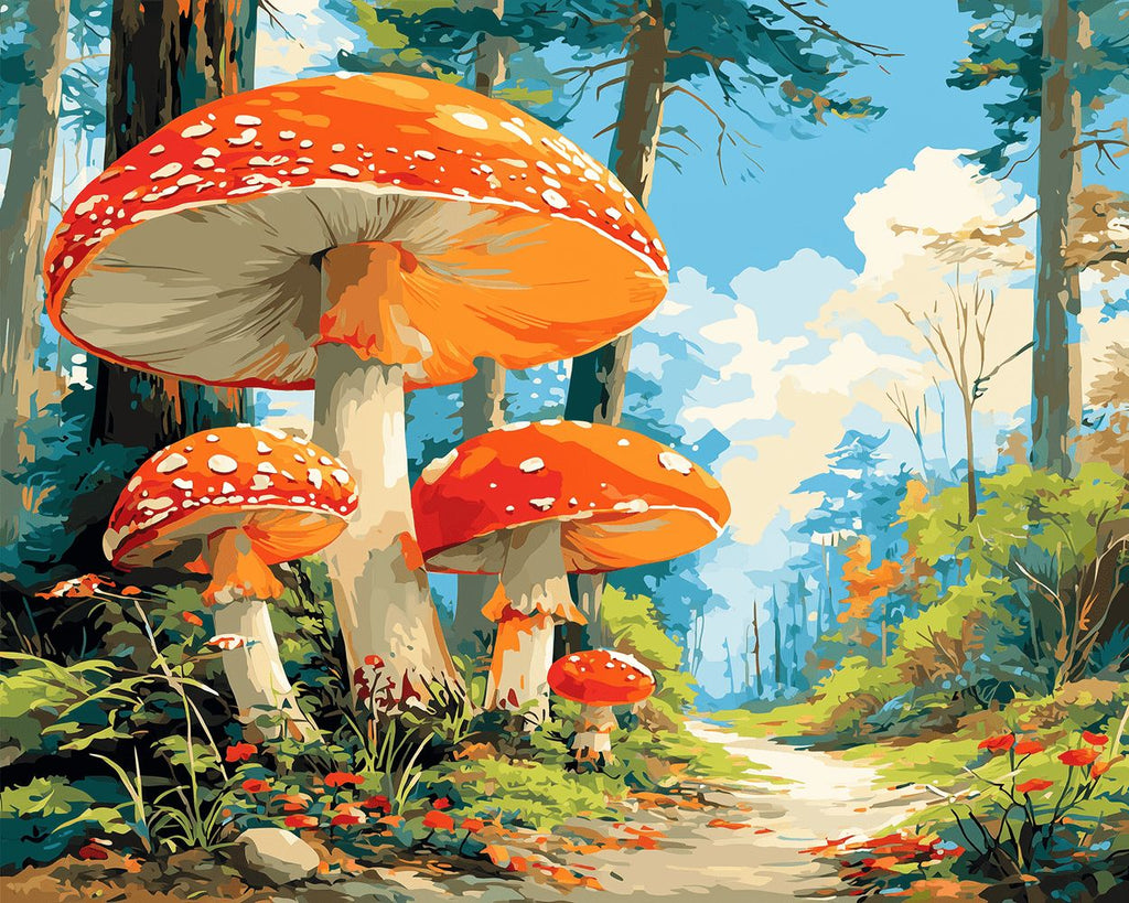 Reusachtige Paddenstoelen naast een Bospad Schilderen op Nummers