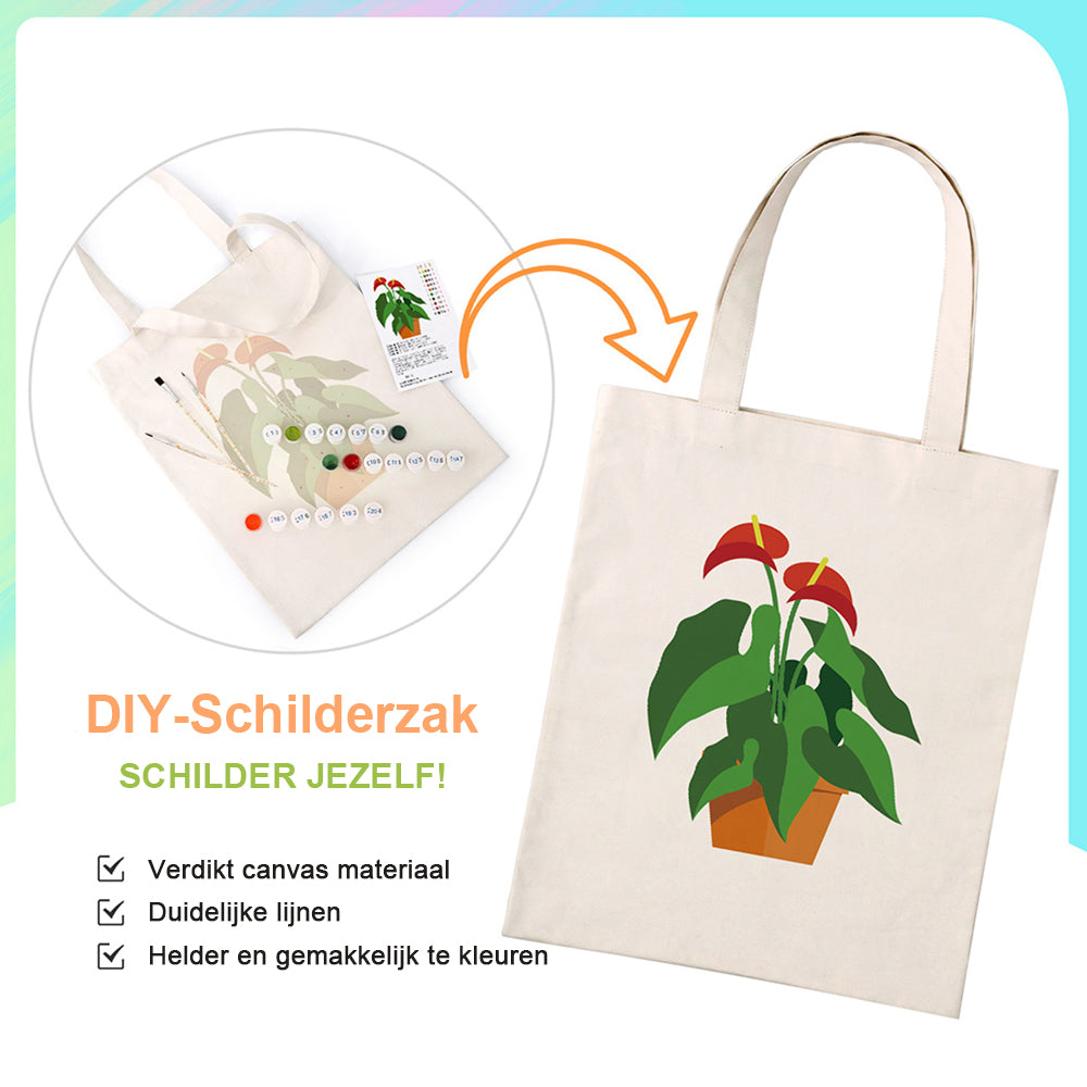 Rode Bloem en Groene Blad Kamerplanten Canvas Tote Bag Schilderen op Nummers